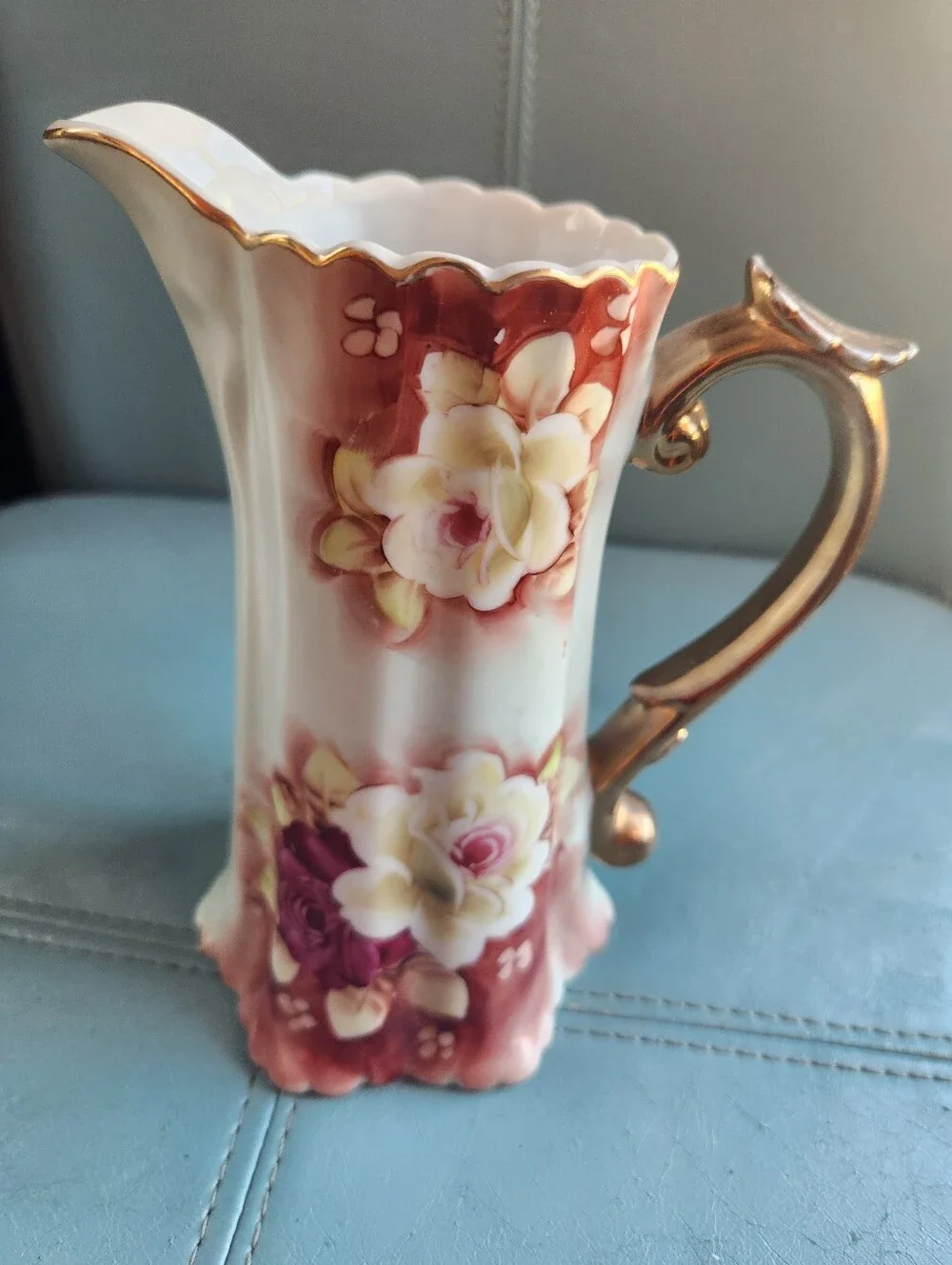 VTG NIPPON Hand Painted Pitcher JAPAN Floral Pale Green PINKS Vase Gold Trim EVC